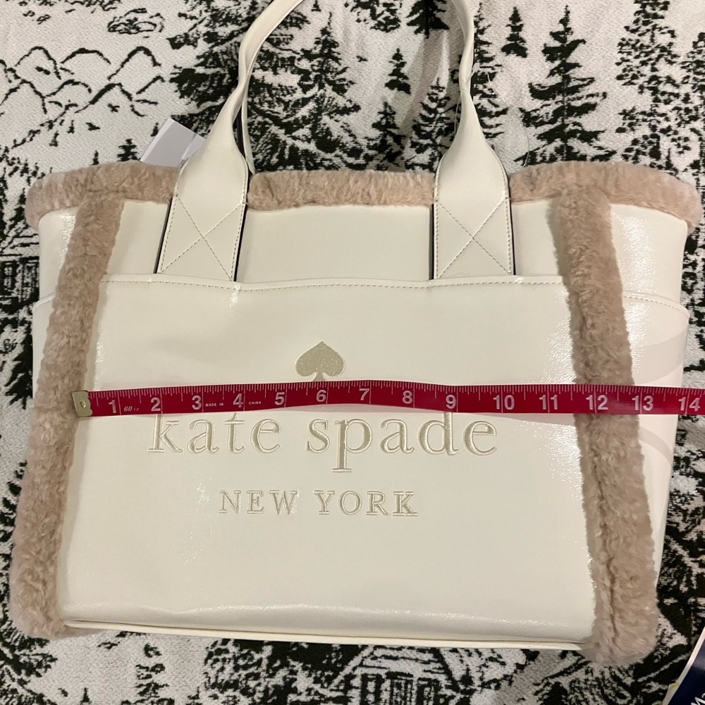 NWT kate spade Jett Faux Shearling Patent Leather Large Tote, Meringue White - Picture 12 of 15